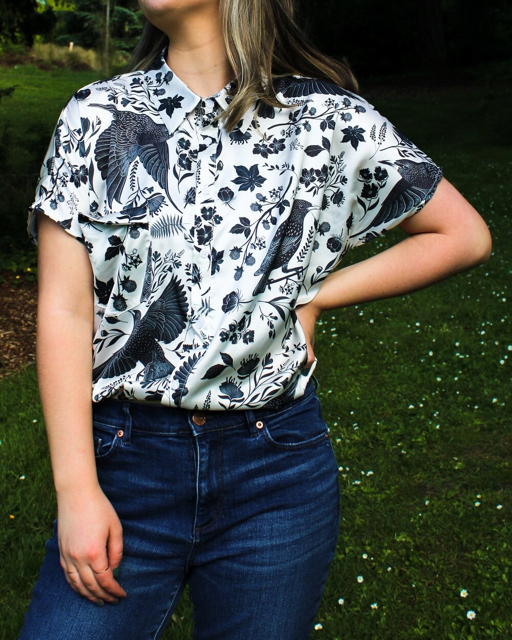 Hemloya Simone Top - Starling Bird Floral Button Down Shirt in White & Black